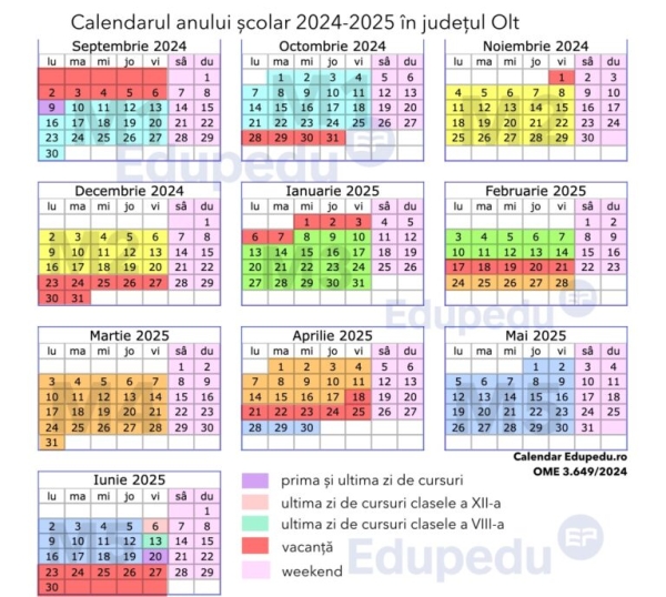 Calendarul anului școlar 2024-2025 pentru județul Olt